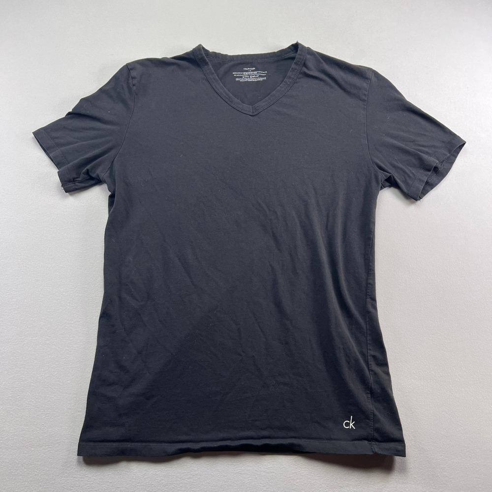 Calvin Klein T Shirt Boys Large Black Cotton Stretch V Neck Logo Short Sleeve